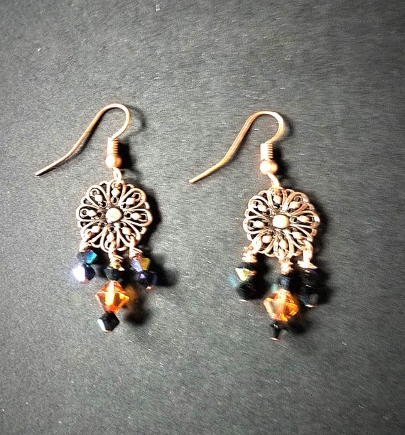 Copper Earrings with Blue and Amber Crystals