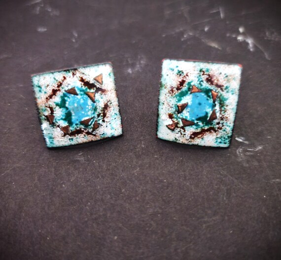 Square Enameled Vintage Earrings Screw Back