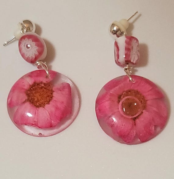 Pink Floral Post Dangle Earrings