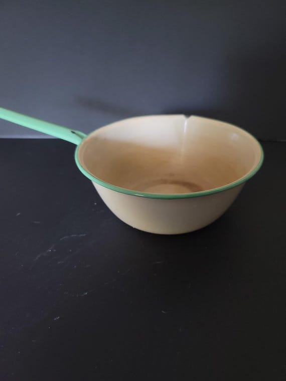 Green and Ivory Metal Enamelware Saucepan