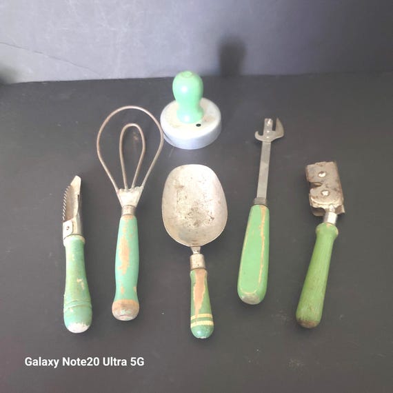Set of 1930s Green Handled Kitchen Tools