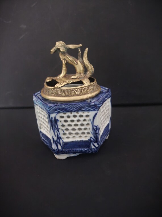 Japanese Antique Brass & Ceramic Foo Dog Incense Burner