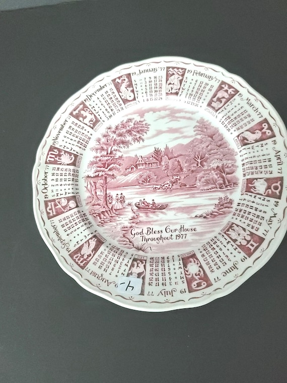 Red Transferware Calendar Plate 1977