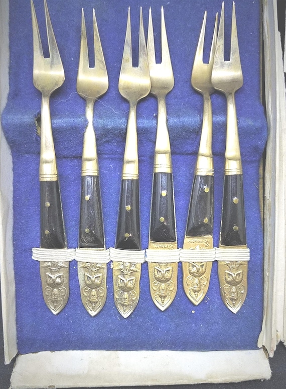 Thai Bronze & Rosewood  Cocktail Forks with Buddha