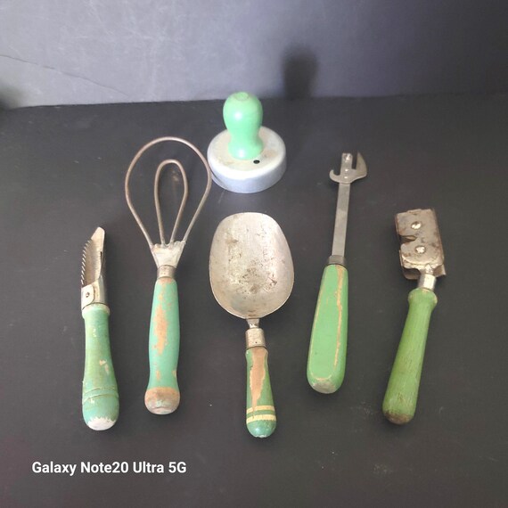 Set of 1930s Green Handled Kitchen Tools