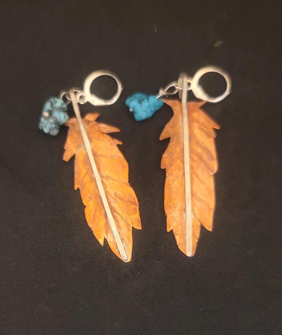 Copper, Sterling and Turquoise Feather Earrings
