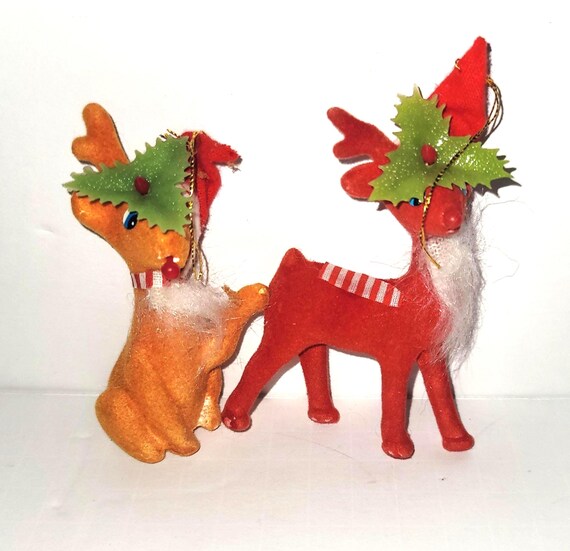 Vintage Flocked Velvet Reindeer Ornaments