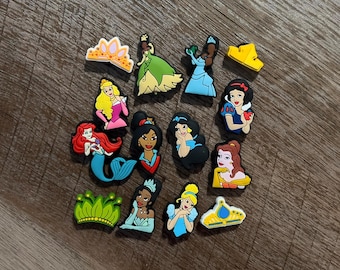 Charms para zuecos de Princesas y Coronas / Charms para zapatos de Bella, Tiana, Mulan, Jasmine y Blancanieves / Charms para zapatos de dibujos animados de Disney / Para niños y adultos