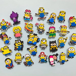 May include: A collection of 28 colourful, cartoon-style, yellow Minion figures. The Minions are wearing different outfits and accessories, including sunglasses, hats, and flowers.