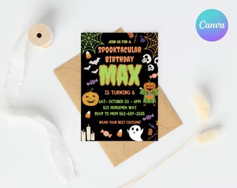 May include: A black and green Halloween birthday invitation for a child named Max turning six. The invitation features a pumpkin, a ghost, and sweets. It includes the date, time, address, and RSVP information.