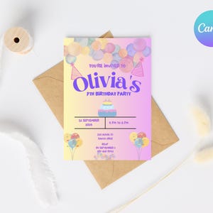 Editable Balloon Birthday Invitation | Girl Party Canva Template | Instant Download Digital Invite