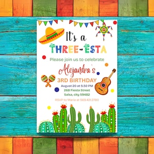 Verjaardagsuitnodiging voor drie personen | Bewerkbare Canva-sjabloon voor Fiesta-uitnodiging | 3e verjaardag Mexicaans thema | Directe digitale download