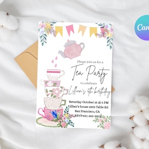 Tea Party Birthday Invitation | Editable Canva Template | Digital Girl Birthday Party Invite | Floral Tea Theme