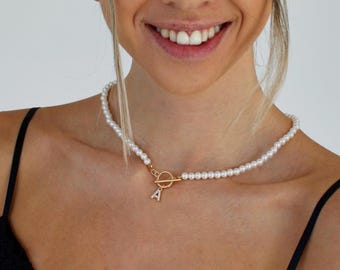 Dainty Pearl Bracelet and Necklace Set: Silver Bridal Jewelry , Monogram Necklace, Personalized Gift