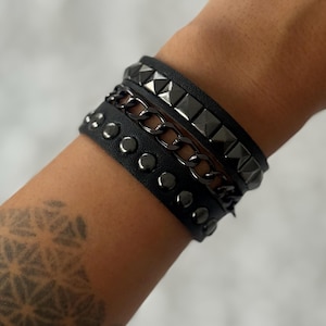 Black Leather Spike Bracelet: Punk Rock Studded Cuff
