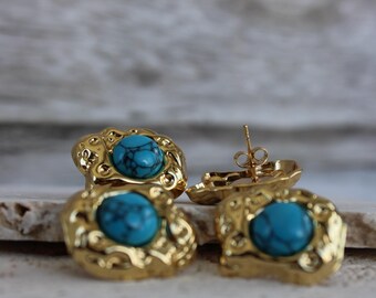 Blue Stone Flat Back Earrings Set, Sterling Silver Earrings, Garnet Conch Jewelry