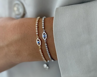 Evil Eye Stainless Steel Bracelet: Dainty Gold & Silver Nazar Protection, Personalized Gift for Her, Waterproof