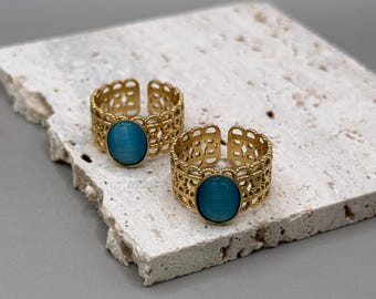 Adjustable Statement Ring, Blue Stone Wide Band Chunk Stainless Steel