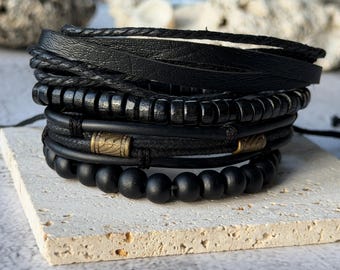 Juego de pulseras de cuero punk hechas a mano para hombre, pulseras bohemias ajustables, joyería unisex, regalo para él o su esposo.