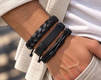 Black Leather Wrap Cuff Bracelet: Silver Spike Studded Rock Clasp, Anniversary Gift