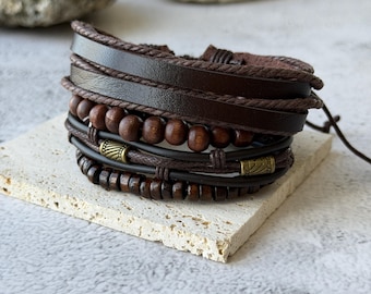 Handgemaakte punk bruin lederen armband set, verstelbare boho-polsbandjes, uniseks sieraden, cadeau voor hem echtgenoot