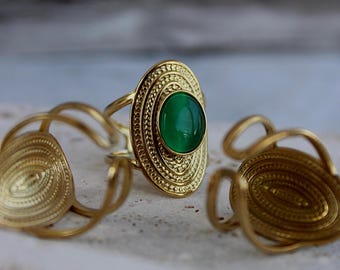 Green Chalcedony Gold Ring, Statement, Oval Gemstone Ring