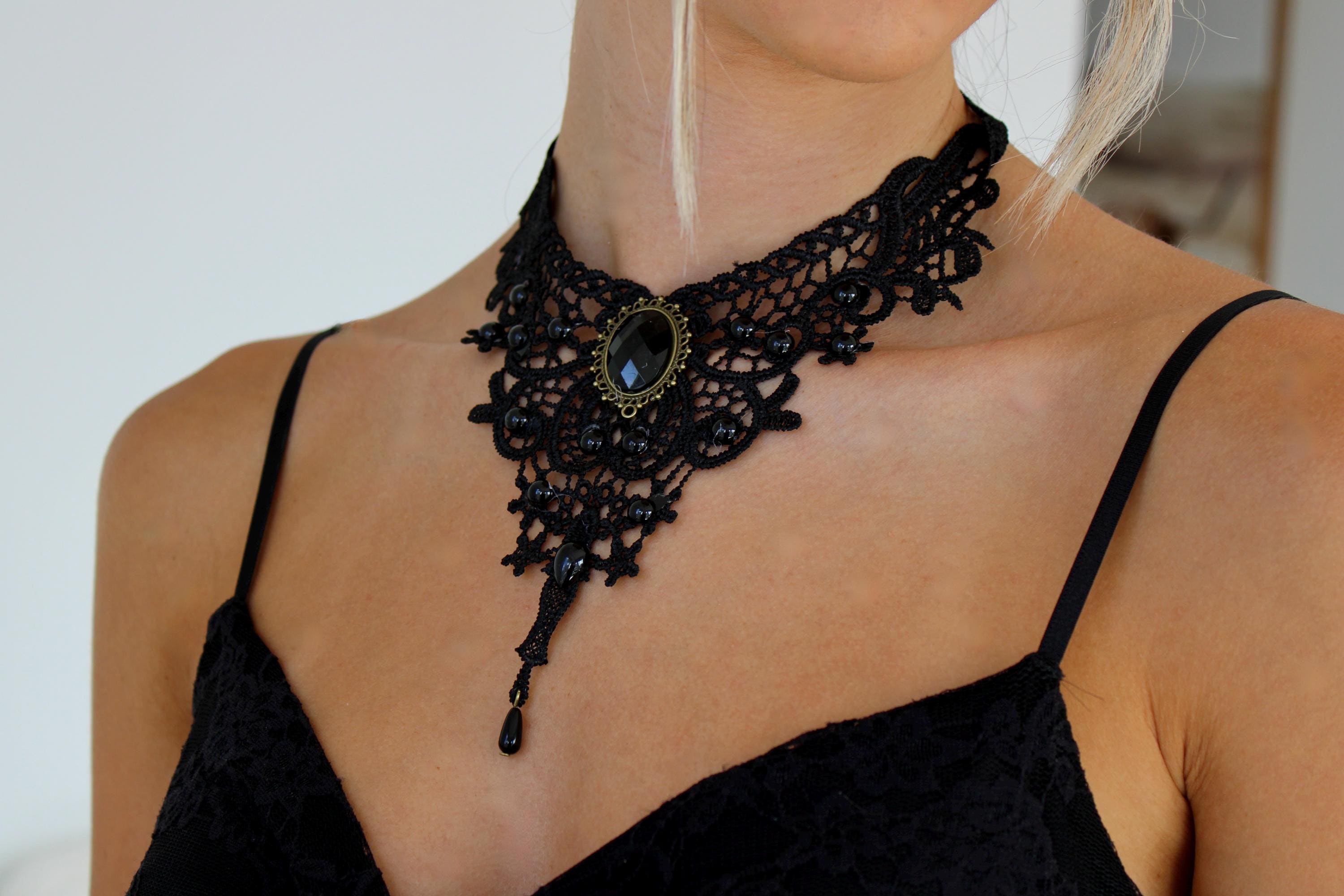 Charm.L Grace Black Flower Lace Gothic Lolita Choker Necklace With Beads & Pendant - View #6