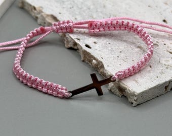 Minimalist Cross Bracelet, Pink Macrame Cord, Christian Jewelry