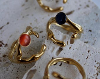 Gold-Plated Sterling Silver Adjustable Stone Ring, Boho Stacking Ring