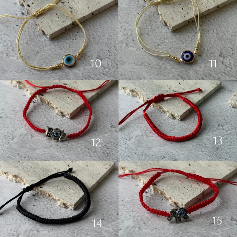 May include: A collection of handmade bracelets featuring various designs. The bracelets include gold and cream-colored cords with blue evil eye charms, red cords with owl and elephant charms, a simple red cord bracelet, and a black cord bracelet.