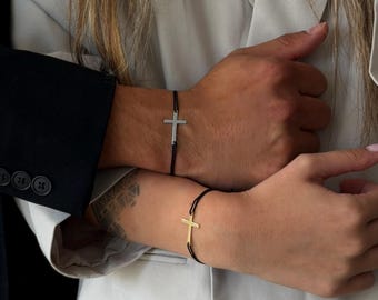 Set di bracciali con croce per coppie, acciaio inossidabile, cordino regolabile