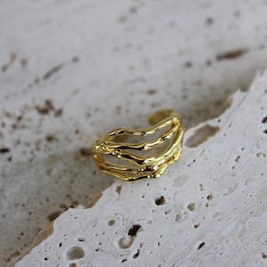 Irregular Chunky Ring Gold, Gemstone Ring, Summer Maximalist Ring, Thick Molten Gold Band, waterproof, Gift for her,Waterproof Ring