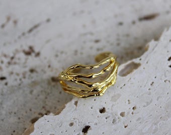 Chunky Gold Gemstone Ring: Irregular Molten Band, Waterproof