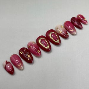 Red cat eye Nails, Red  Nails, Red Press-On Nails – Elegant Red & Gold Nail Set with Starry Accents - Deep Red French Fake Nails