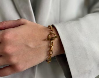 Gold Stainless Steel Toggle Bracelet, Unisex Chain Link Jewelry
