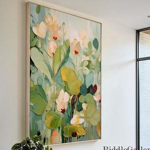 Large 3D Green Flower Oil Painting on Canvas, Neutral Textured Sage Green Botanical Wall Art,Contemporary Boho Floral Decor for Dining Room