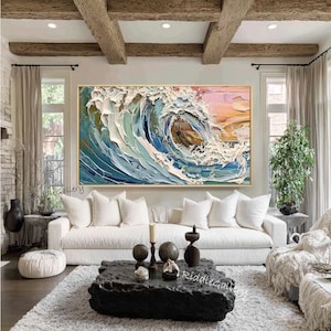 Textured 3D Ocean Oil Painting on Canvas: Coastal Beach Landscape Art