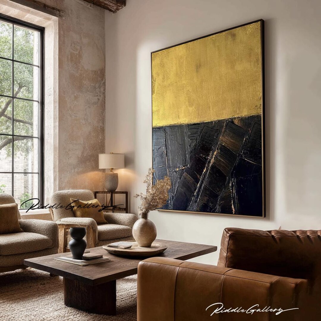 Black & Gold Abstract Canvas, Oversized 3D Texture Oil Painting ...