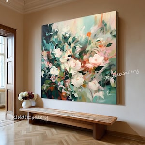 Original Green Floral Oil Painting: Large Abstract Flower Texture on Canvas