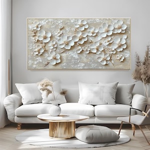 Textured White Flower Oil Painting: 3D Floral Canvas Art