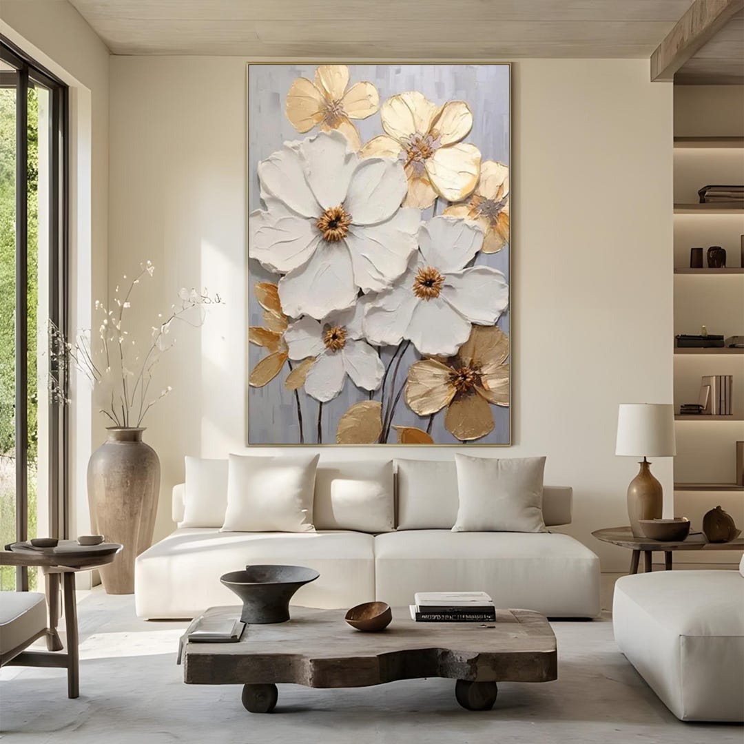 Gold White Flower Canvas Art 3D Texture Painting Luxury Floral Wall ...