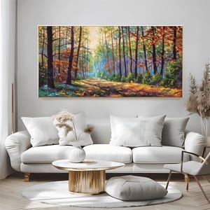 Hand-Painted Forest Path Oil Painting on Canvas: Palette Knife Autumn Landscape