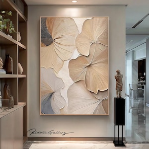 Wabi-Japandi Floral Oil Painting Neutral Cream Beige Brown Petals 3D Textured Hand-Painted Canvas Rustic Minimal Wall Art  Housewarming Gift