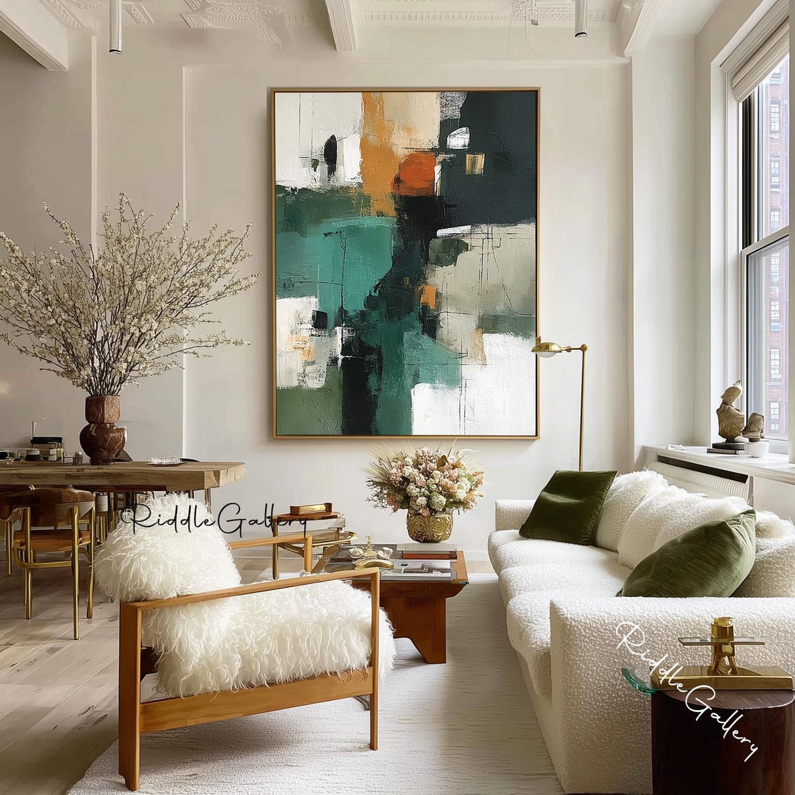 Neutral Sage Green Abstract Canvas Painting Large Textured Minimalist ...
