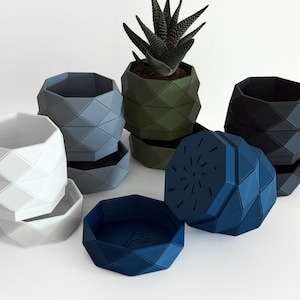 May include: Geometric-patterned planters in various colors, including white, gray, green, and blue. The planters have a faceted design and are shown with a succulent plant. The image includes matching saucers and a blue, spherical lid.