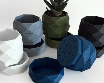 Modern Geometric Succulent Pot – Minimalist Planter with Integrated Drip Tray, Small Indoor Plant Pot