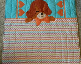 Sleepy puppy quilt,green and orange