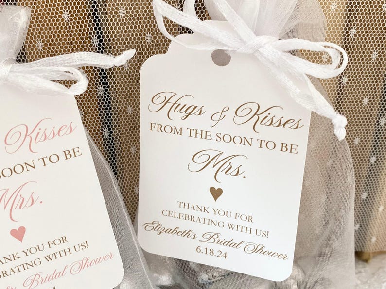 Hugs & Kisses Bridal Shower Favor Bags: Organza, Personalized Tags image 2