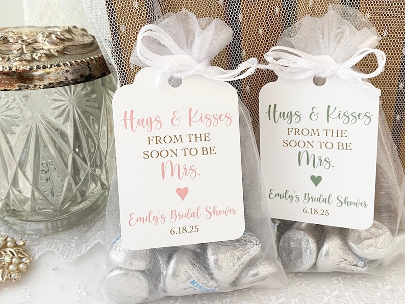 Hugs & Kisses Bridal Shower Favor Bags: Organza, Personalized Tags image 2