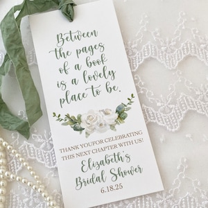 Eucalyptus Floral Bridal Shower Bookmark Favors: Sage Green Ribbon